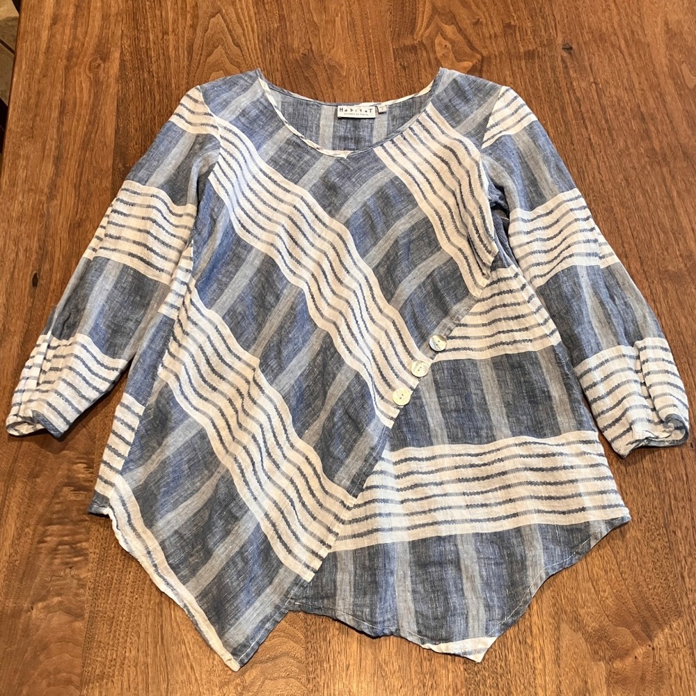 Habitat Women Blue White Striped 100% Linen Asymmetrical Sharkbite Tunic Top S‎